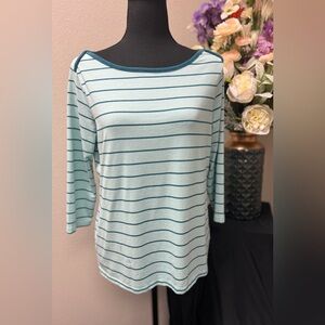L.L. Bean Teal and White Striped 3/4 Sleeve Top Size M-Pet